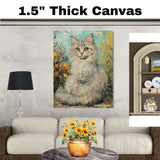Van Gogh Style Fluffy Cat Canvas Art – Longhaired Feline in a Blooming Garden with Textured Brushwork on Ready to Hang 1.5" Thick Canvas Wrap, Floating Framed Canvas, Flat Rolled Canvas