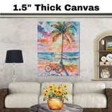 Watercolor of Palm Tree and Bicycle by Ocean Shore with Vibrant Sunset Sky on Ready to Hang 1.5" Thick Canvas Wrap, Floating Framed Canvas, Flat Rolled Canvas
