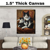 Elegant Victorian Gathering: Tuxedo Cat Mom with Four Kittens on a European Sofa on Ready to Hang 1.5" Thick Canvas Wrap, Floating Framed Canvas, Flat Rolled Canvas