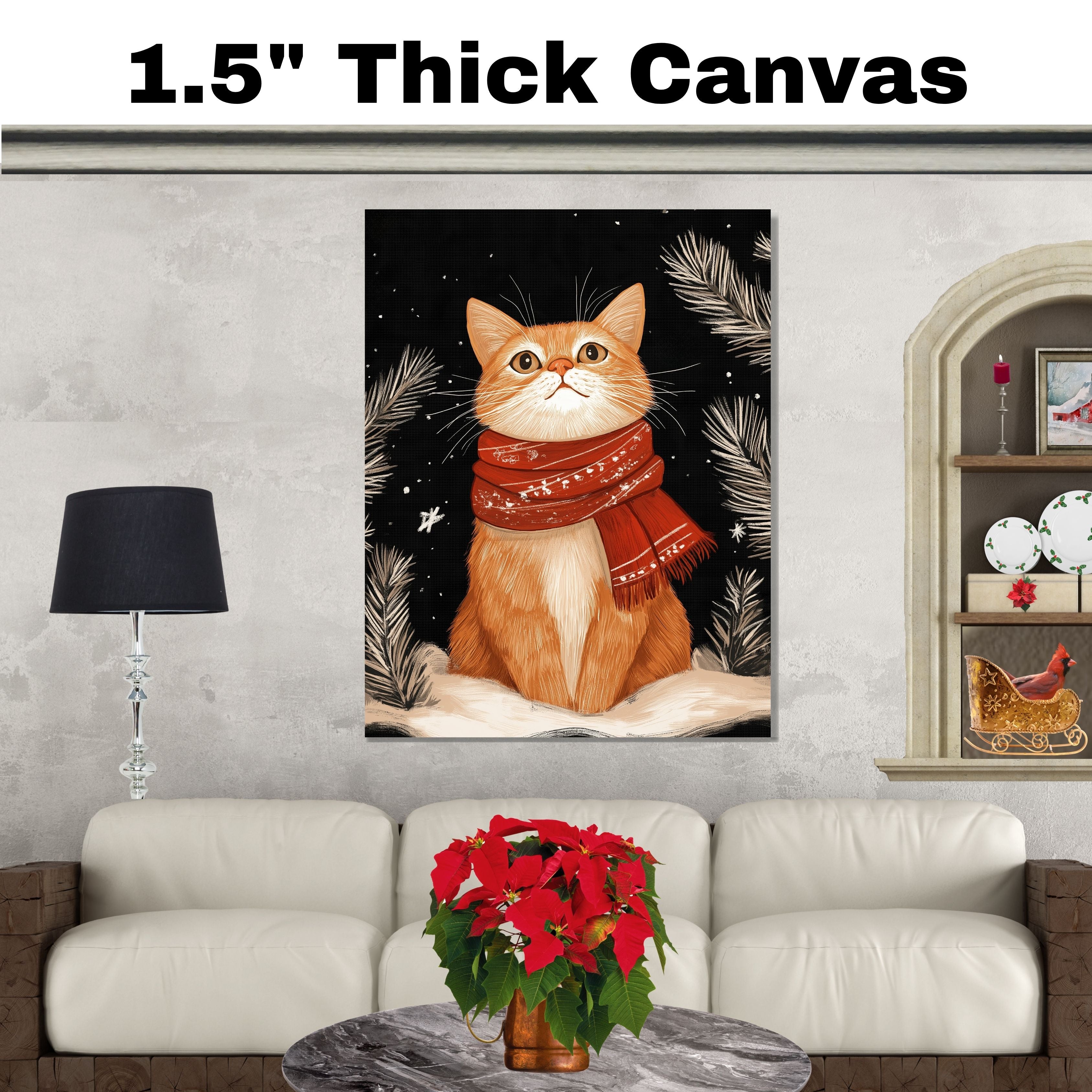 "Winter Paws Cat" - Cat in Red Scarf Sitting in Snow on Ready to Hang 1.5" Thick Canvas Wrap, Floating Framed Canvas, Flat Rolled Canvas