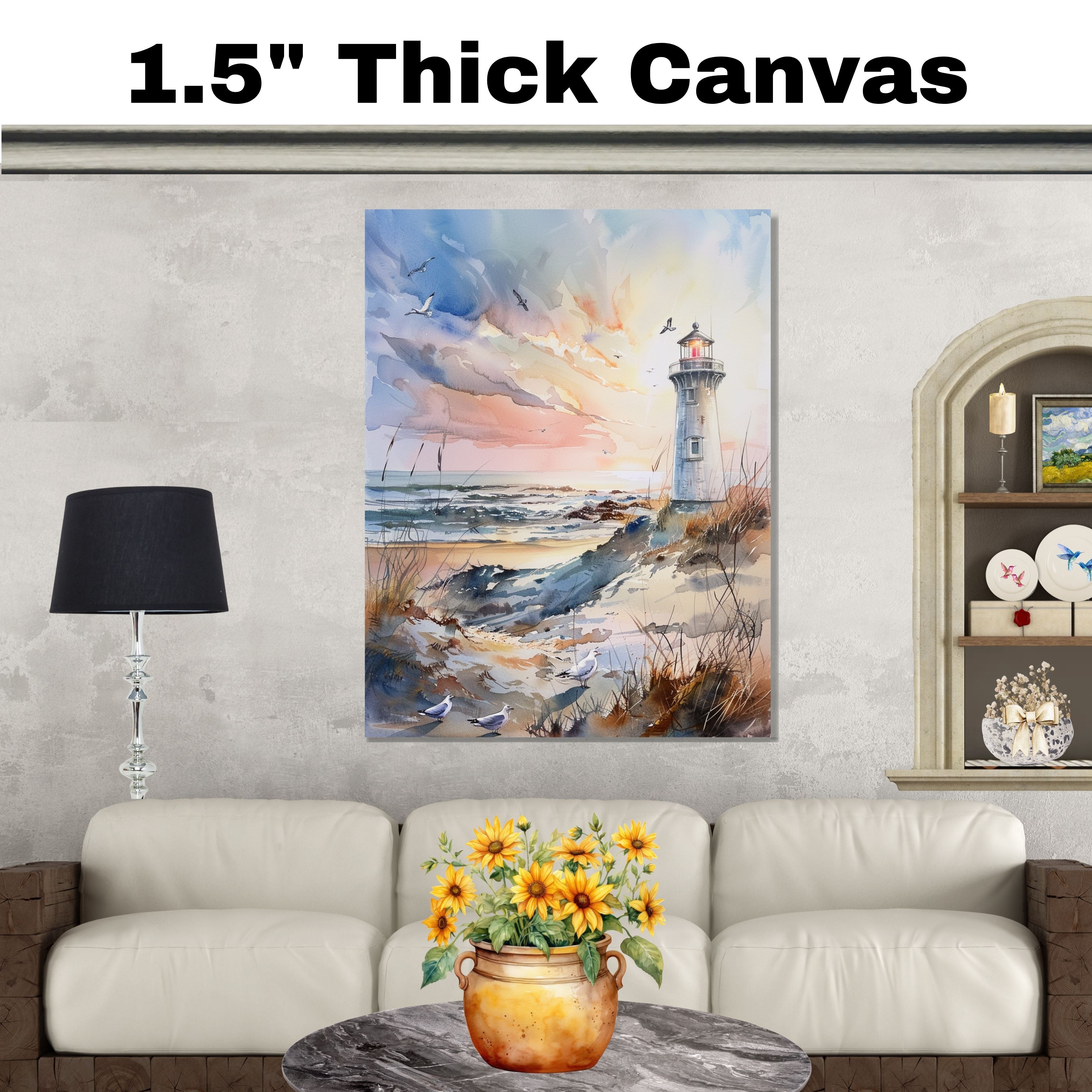 Majestic Lighthouse Overlooking Ocean Waves at Sunset with Soaring Seagulls in Tranquil Coastal Watercolor Scene on Ready to Hang 1.5" Thick Canvas Wrap, Floating Framed Canvas, Flat Rolled Canvas