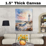 Majestic Lighthouse Overlooking Ocean Waves at Sunset with Soaring Seagulls in Tranquil Coastal Watercolor Scene on Ready to Hang 1.5" Thick Canvas Wrap, Floating Framed Canvas, Flat Rolled Canvas