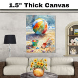 Watercolor Painting of Beach Ball Green Bucket Shells and Red Shovel on Colorful Sandy Shore by Ocean with Dramatic Sky on Ready to Hang 1.5" Thick Canvas Wrap, Floating Framed Canvas, Flat Rolled Canvas