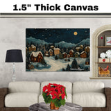 Christmas Folk Art Village at Night with Snowy Houses, Pine Trees, Twinkling Lights, and a Glowing Full Moon on Ready to Hang 1.5" Thick Canvas Wrap, Floating Framed Canvas, Flat Rolled Canvas