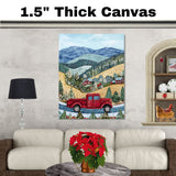 Red Vintage Truck on Snowy Road Through Hillside Cabins – Winter Folk Art Mountain Landscape on Ready to Hang 1.5" Thick Canvas Wrap, Floating Framed Canvas, Flat Rolled Canvas