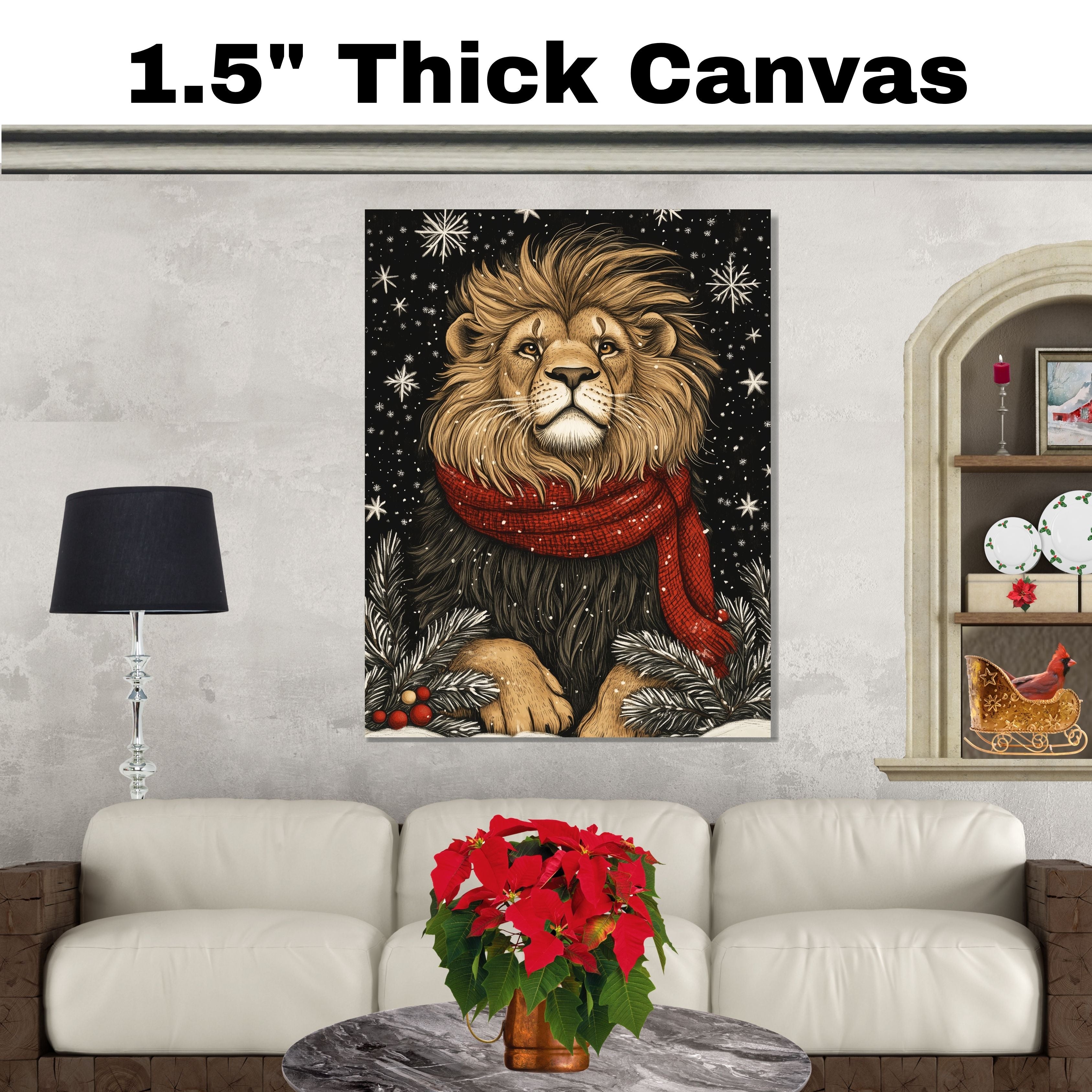 "Snow King Lion" - Lion in Red Scarf Posing in Winter Snow on Ready to Hang 1.5" Thick Canvas Wrap, Floating Framed Canvas, Flat Rolled Canvas