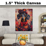 Endearing Love: Dachshund in a Red Heart-Adorned Top and Hat Charming Romantic Painting on Ready to Hang 1.5" Thick Canvas Wrap, Floating Framed Canvas, Flat Rolled Canvas