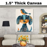 Whimsical Dachshund Dog with Blue Bird on Head Colorful Folk Style Animal Illustration for Kids Room or Nursery Perfect for Dog and Bird Art Lovers on Ready to Hang 1.5" Thick Canvas Wrap, Floating Framed Canvas, Flat Rolled Canvas