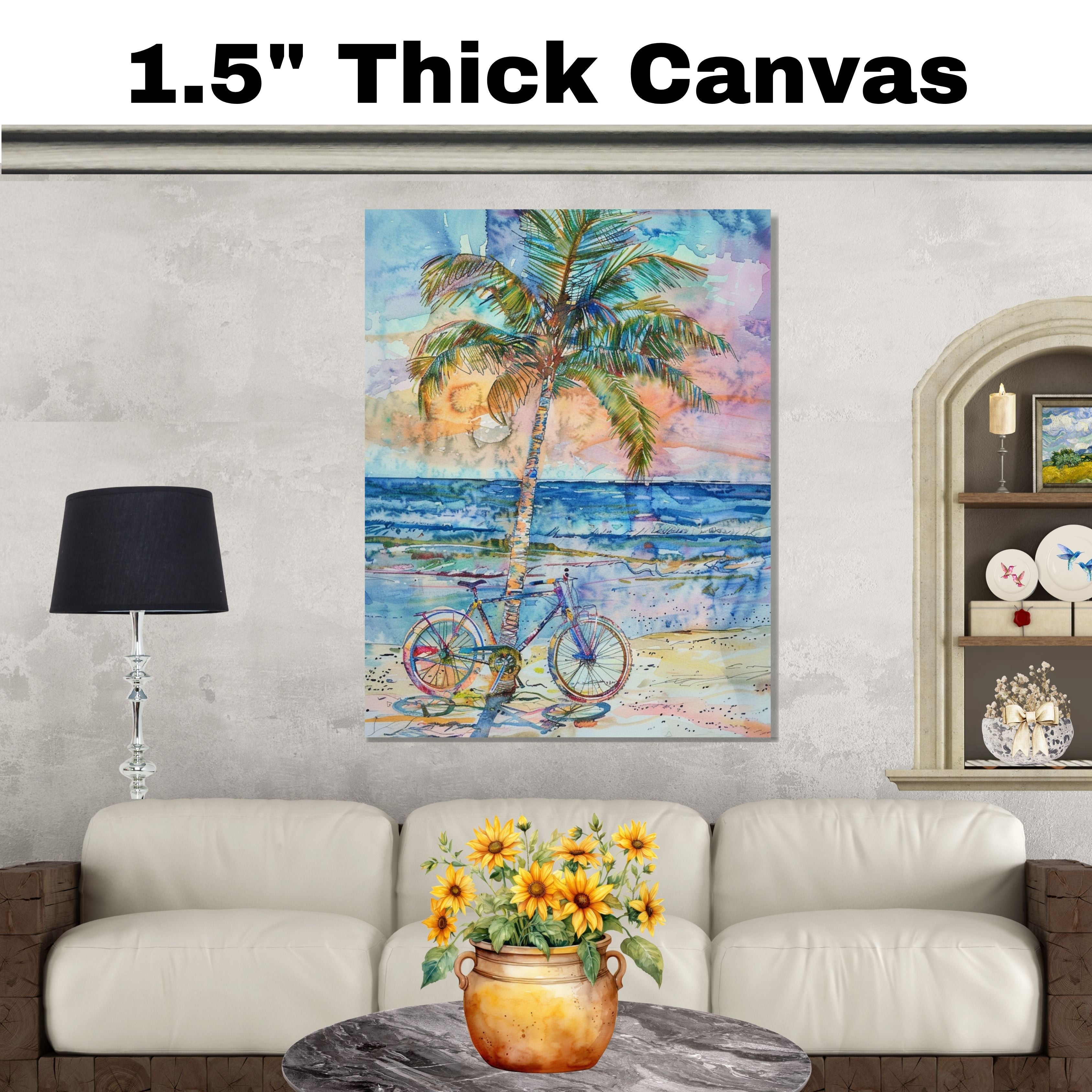 Palm Tree and Bicycle on the Beach Watercolor Painting with Vibrant Ocean Sunset on Ready to Hang 1.5" Thick Canvas Wrap, Floating Framed Canvas, Flat Rolled Canvas