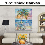 Palm Tree and Bicycle on the Beach Watercolor Painting with Vibrant Ocean Sunset on Ready to Hang 1.5" Thick Canvas Wrap, Floating Framed Canvas, Flat Rolled Canvas