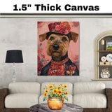 Rosy Elegance: Airedale Dog in a Flowery Red Top and Hat Amid Blooming Roses - Charming Floral Painting on Ready to Hang 1.5" Thick Canvas Wrap, Floating Framed Canvas, Flat Rolled Canvas