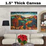 Vibrant Christmas Village with Decorated Trees and Rolling Hills – Festive Folk Art Landscape on Ready to Hang 1.5" Thick Canvas Wrap, Floating Framed Canvas, Flat Rolled Canvas