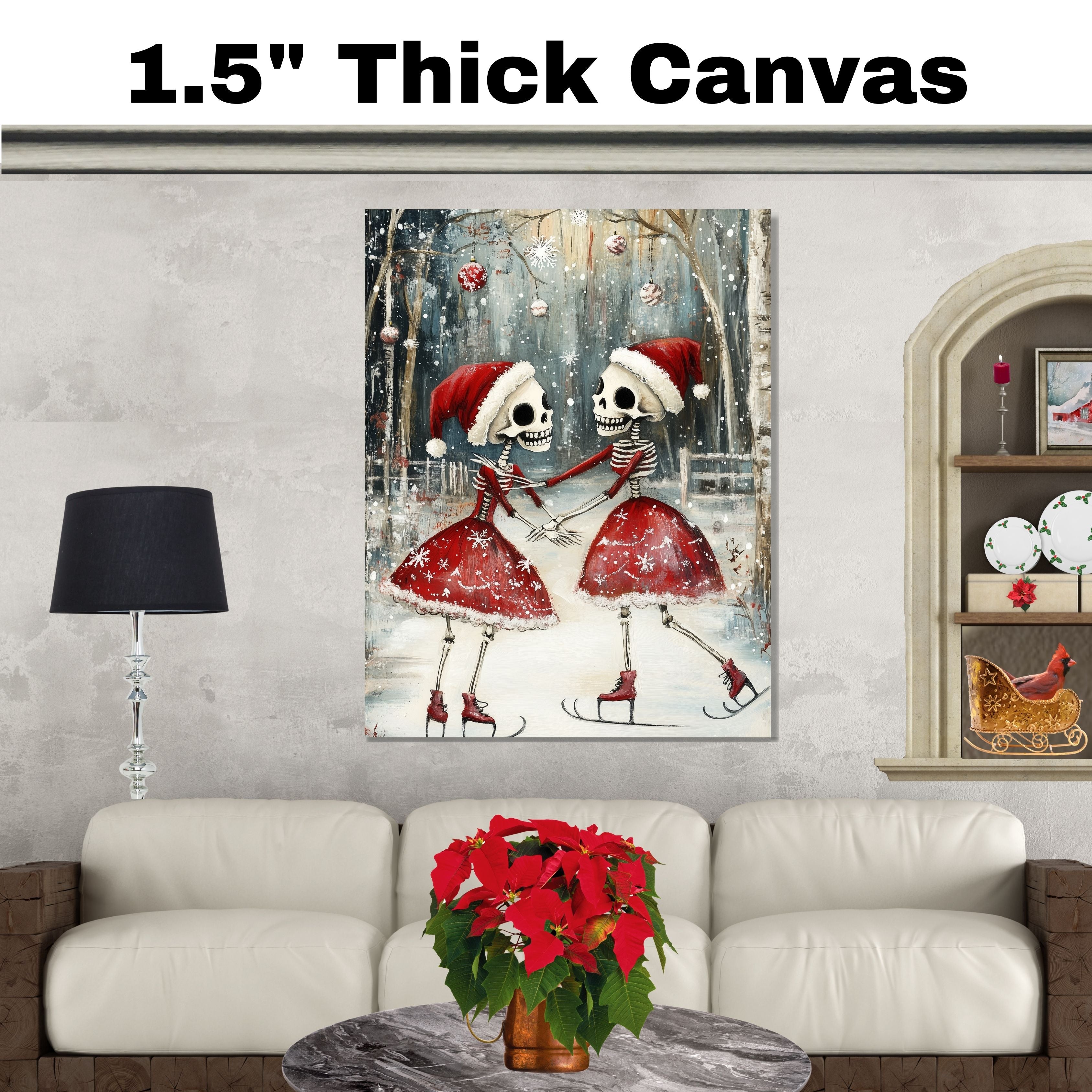 Whimsical Skeleton Ice Skating Christmas Print – Gothic Holiday Art with Dancing Skeletons in Santa Hats, Spooky Winter Scene, Quirky Festive Wall Decor on Ready to Hang 1.5" Thick Canvas Wrap, Floating Framed Canvas, Flat Rolled Canvas