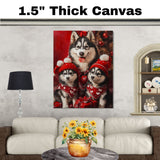 Festive Cheer: Siberian Husky Mom and Her Two Puppies in Cozy Sweaters on Ready to Hang 1.5" Thick Canvas Wrap, Floating Framed Canvas, Flat Rolled Canvas