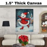 Christmas Wall Art Featuring White Cat Ice Skating in Red Snowflake Outfit Whimsical Holiday Illustration for Cozy Winter Decor and Animal Lovers on Ready to Hang 1.5" Thick Canvas Wrap, Floating Framed Canvas, Flat Rolled Canvas