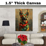 Rustic Antlers' - Belgian Malinois Dog with Lighted Antlers & Festive Scarf on Rustic Canvas, Ready to Hang 1.5" Thick Canvas Wrap, Floating Framed Canvas, Flat Rolled Canvas