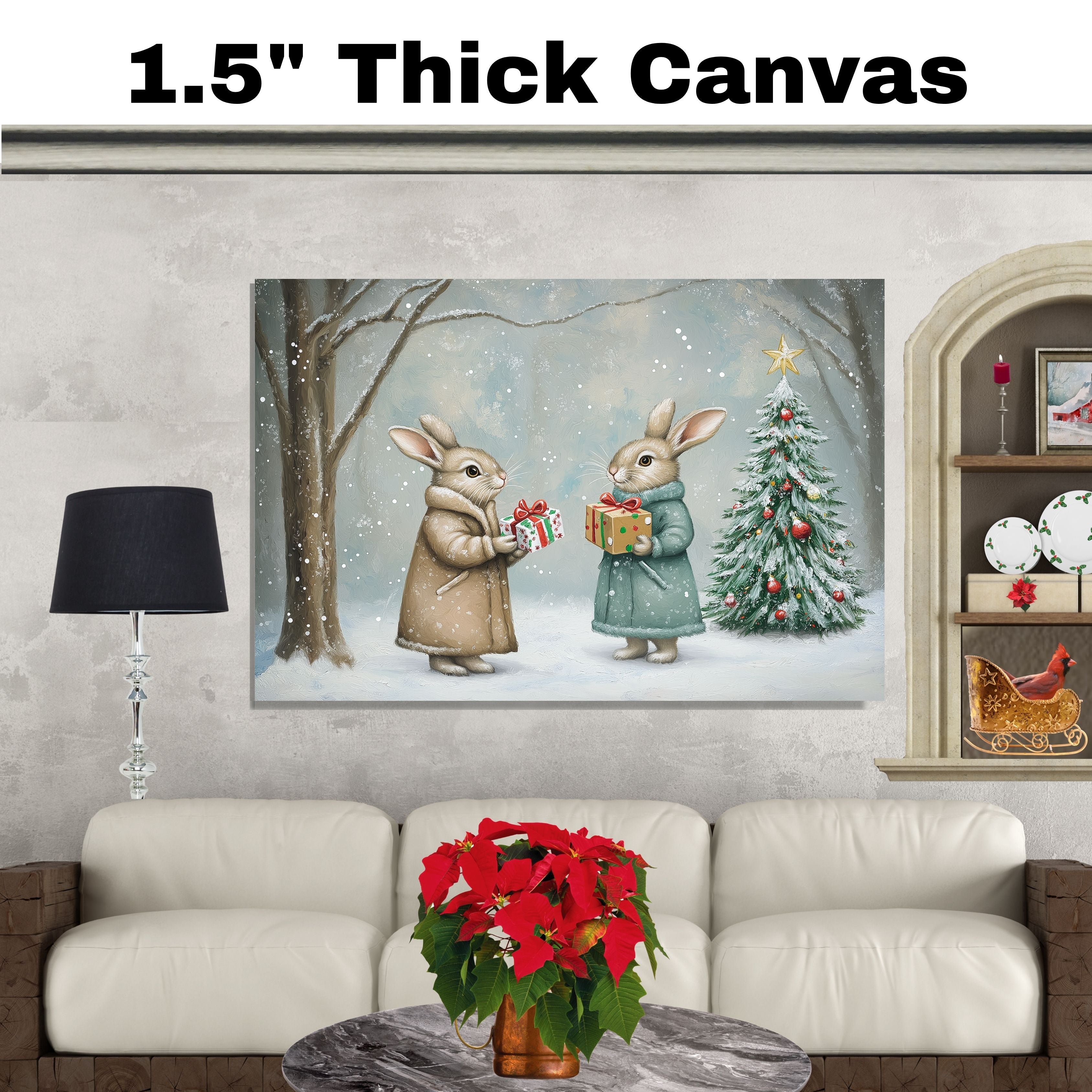 "Winter Wonderland: Gift-Giving Bunnies" Ð Cozy Rabbits in a Snowy Forest Scene on Ready to Hang 1.5" Thick Canvas Wrap, Floating Framed Canvas, Flat Rolled Canvas