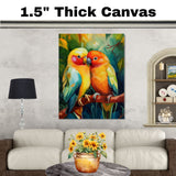 Vivid Lovebird Pair Artwork Featuring Colorful Tropical Parrots Cuddling on a Branch with Bright Feathers and Lush Jungle Background on Ready to Hang 1.5" Thick Canvas Wrap, Floating Framed Canvas, Flat Rolled Canvas
