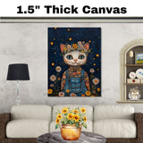 Cute Cat in Overalls with Flower Crown Whimsical Hand Painted Floral Art Night Sky Wall Decor for Nursery Kids Room Bedroom or Gift for Cat Lovers on Ready to Hang 1.5" Thick Canvas Wrap, Floating Framed Canvas, Flat Rolled Canvas