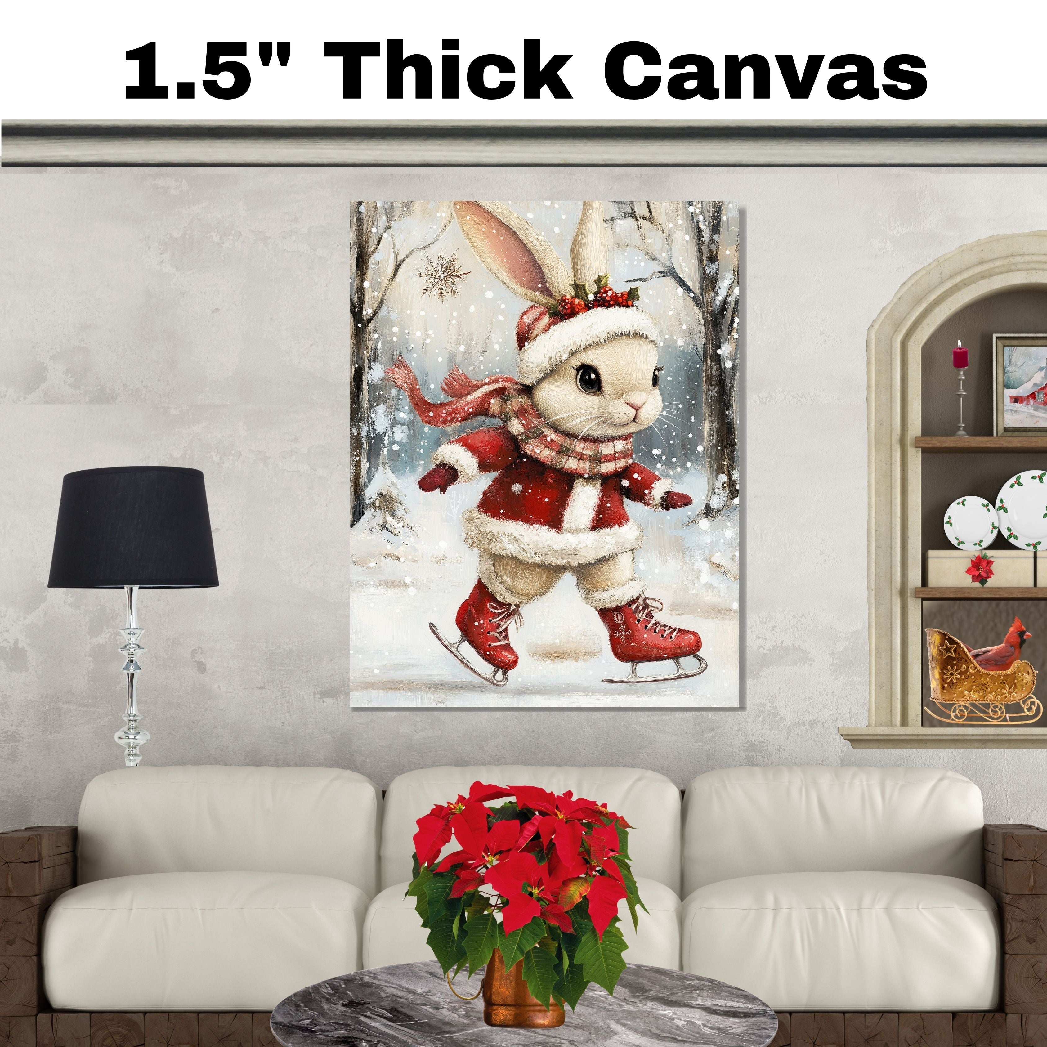 Christmas Wall Art Featuring Ice Skating Bunny in Red Coat and Holly Crown Whimsical Holiday Illustration for Winter Home Decor and Animal Lovers