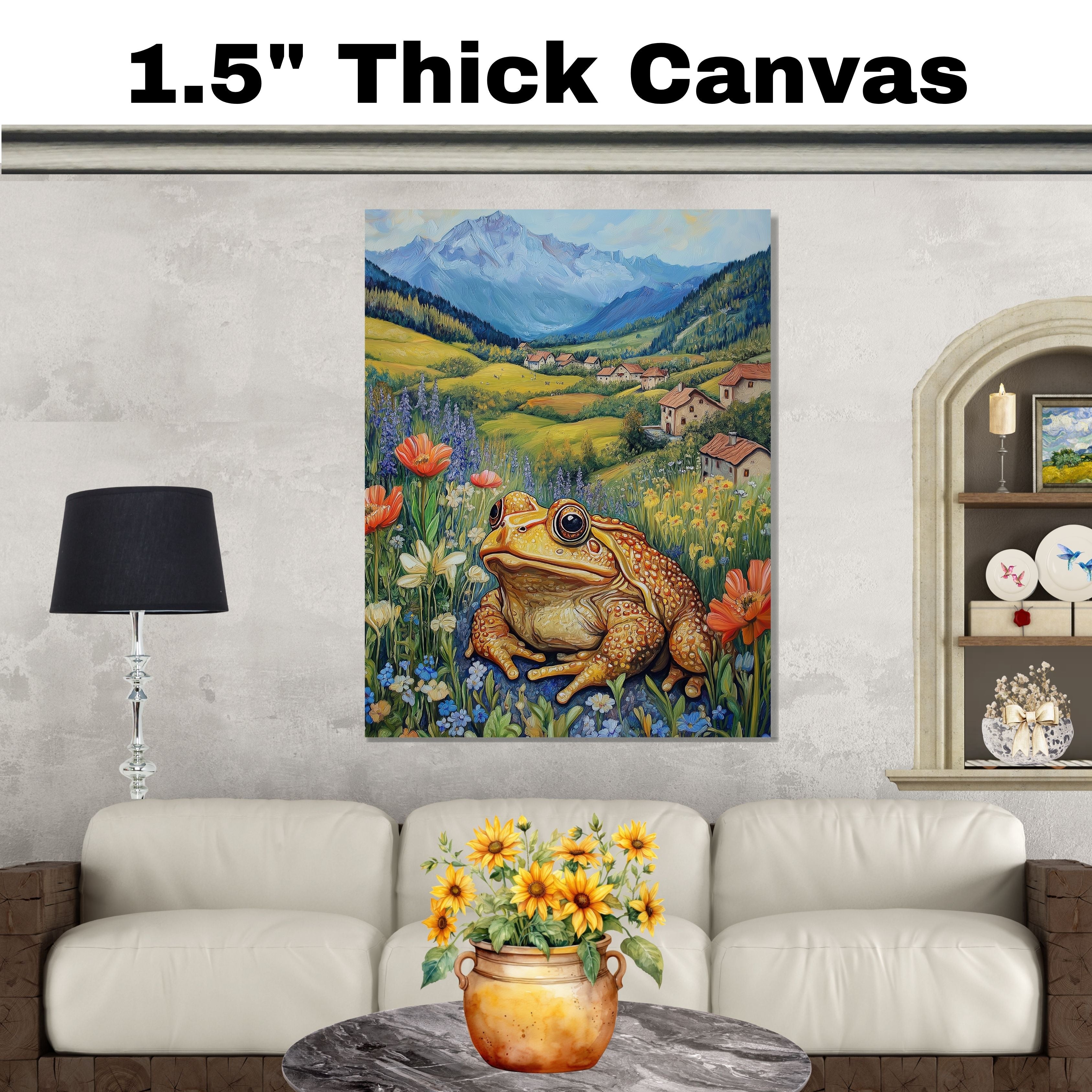Cheerful Toad in Wildflower Meadow Bright Hand Painted Art Vibrant Countryside Scene Perfect for Home Wall Decor Living Room Bedroom Office or Nature Lovers on Ready to Hang 1.5" Thick Canvas Wrap, Floating Framed Canvas, Flat Rolled Canvas