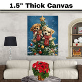 Two Baby Puppies in Red Scarves Sharing Cocoa on Christmas Tree Surrounded by Ornaments and Snowflakes Holiday Art Print for Nursery or Winter Decor on Ready to Hang 1.5" Thick Canvas Wrap, Floating Framed Canvas, Flat Rolled Canvas