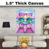 Watercolor Art of Three Vibrant Sunglasses Reflecting Ocean Sunset on a Tropical Beach in Summer Colors on Ready to Hang 1.5" Thick Canvas Wrap, Floating Framed Canvas, Flat Rolled Canvas
