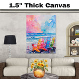 Watercolor Painting of Rainbow Beach Chairs on the Shoreline with Vibrant Ocean Waves and Pastel Sunset Sky on Ready to Hang 1.5" Thick Canvas Wrap, Floating Framed Canvas, Flat Rolled Canvas