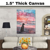 Watercolor Painting of a Black Dog Sitting on the Beach Watching a Vibrant Pink and Blue Ocean Sunset on Ready to Hang 1.5" Thick Canvas Wrap, Floating Framed Canvas, Flat Rolled Canvas