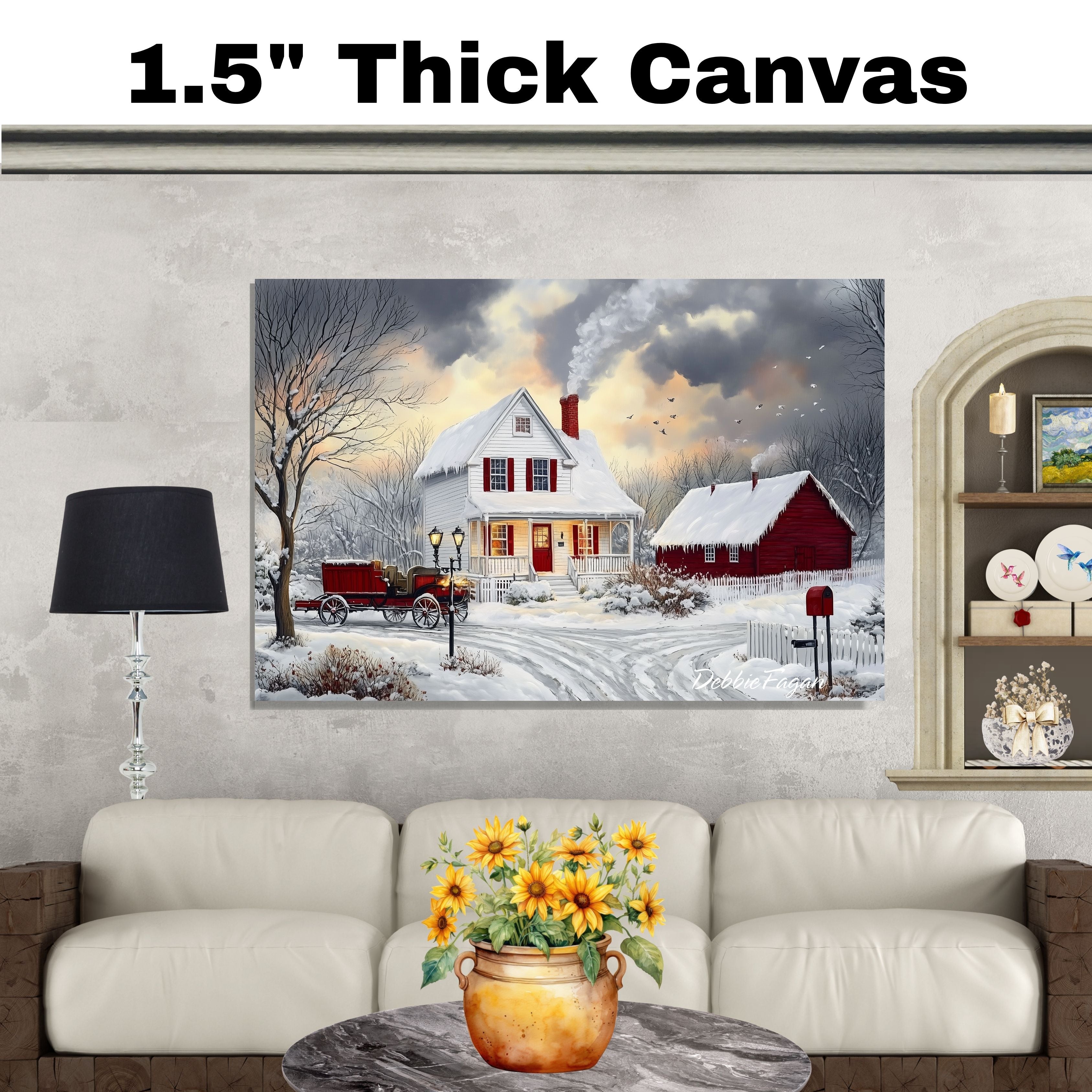 Winter Farmhouse – Cozy Snow-Covered Country Home with Red Barn and Sleigh Wall Art Print on Ready to Hang 1.5" Thick Canvas Wrap, Floating Framed Canvas, Flat Rolled Canvas