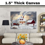 Winter Farmhouse – Cozy Snow-Covered Country Home with Red Barn and Sleigh Wall Art Print on Ready to Hang 1.5" Thick Canvas Wrap, Floating Framed Canvas, Flat Rolled Canvas