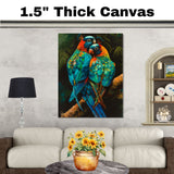 Striking Parrot Pair Artwork Featuring Vibrant Blue and Orange Feathers with Tropical Details Perched on a Branch Against a Lush Dark Jungle Background on Ready to Hang 1.5" Thick Canvas Wrap, Floating Framed Canvas, Flat Rolled Canvas