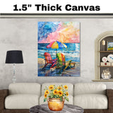Watercolor Art of Multicolored Beach Chairs & Umbrella by the Ocean on Ready to Hang 1.5" Thick Canvas Wrap, Floating Framed Canvas, Flat Rolled Canvas