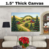 Festive Folk Art Christmas Scene with Red Houses, Rolling Hills, and Decorated Trees Under a Peaceful Winter Sky on Ready to Hang 1.5" Thick Canvas Wrap, Floating Framed Canvas, Flat Rolled Canvas