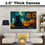 Halloween Night Art with Black Cat, Glowing Jack-o’-Lantern, Sunflowers, Pumpkins, and a Starry Van Gogh Sky on Ready to Hang 1.5" Thick Canvas Wrap, Floating Framed Canvas, Flat Rolled Canvas