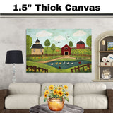 Whimsical Farm Folk Art Print with Red Barn Ducks and Flowers Hand Drawn Country Scene Illustration for Rustic Kitchen Wall Decor or Charming Gift Idea on Ready to Hang 1.5" Thick Canvas Wrap, Floating Framed Canvas, Flat Rolled Canvas