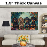 Van Gogh-Style Canvas Painting of Four Dachshund Dogs in a Colorful Floral Garden Setting on Ready to Hang 1.5" Thick Canvas Wrap, Floating Framed Canvas, Flat Rolled Canvas