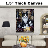 Vineyard Charm: Tuxedo Cat Mom and Two Kittens with Wine and Cheese on Ready to Hang 1.5" Thick Canvas Wrap, Floating Framed Canvas, Flat Rolled Canvas
