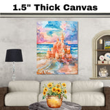 Watercolor Painting of a Multicolored Sandcastle by the Ocean Shore at Sunset with Whimsical Turrets and Waves on Ready to Hang 1.5" Thick Canvas Wrap, Floating Framed Canvas, Flat Rolled Canvas