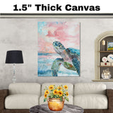 Watercolor Sea Turtle Swimming in Ocean with Pastel Sky and Gentle Waves in Coastal Marine Life Art Print on Ready to Hang 1.5" Thick Canvas Wrap, Floating Framed Canvas, Flat Rolled Canvas