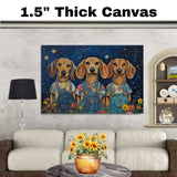 Whimsical Dachshund Trio Dog Art Print in Overalls with Starry Night Sky Background Cute Pet Wall Decor for Dog Lovers Kids Room Nursery or Gift on Ready to Hang 1.5" Thick Canvas Wrap, Floating Framed Canvas, Flat Rolled Canvas