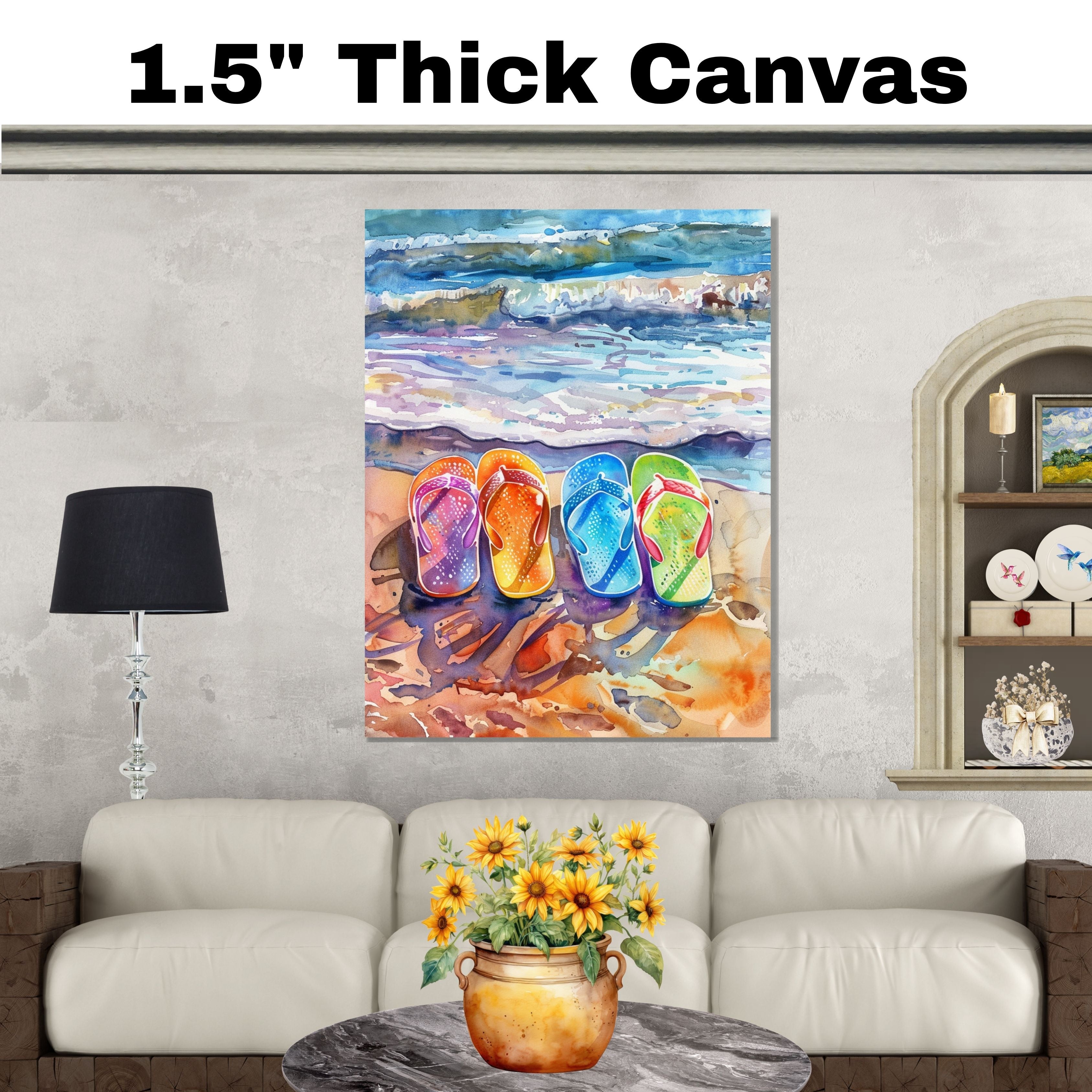 Colorful Flip Flops on a Sunset Beach with Ocean Waves and Reflections in Watercolor Coastal Summer Art on Ready to Hang 1.5" Thick Canvas Wrap, Floating Framed Canvas, Flat Rolled Canvas