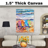 Colorful Flip Flops on a Sunset Beach with Ocean Waves and Reflections in Watercolor Coastal Summer Art on Ready to Hang 1.5" Thick Canvas Wrap, Floating Framed Canvas, Flat Rolled Canvas