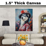 Graceful Beauty: Siberian Husky in a Delicate Flowery Kimono and Hat on Ready to Hang 1.5" Thick Canvas Wrap, Floating Framed Canvas, Flat Rolled Canvas