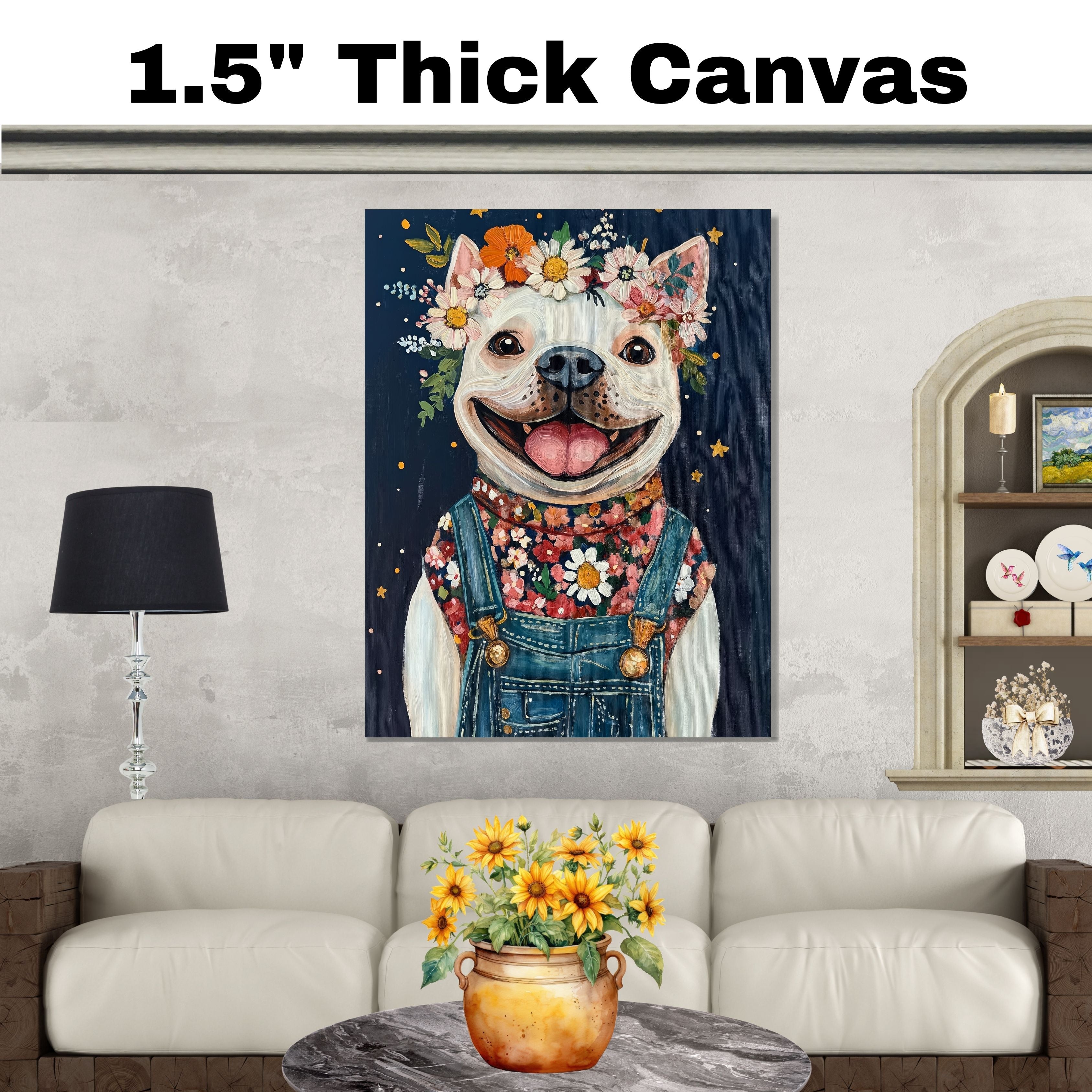 Happy White Dog Wearing Overalls and Floral Shirt Whimsical Farmhouse Art Perfect for Nursery Bedroom Living Room Dog Lover Gift Rustic Home Decor on Ready to Hang 1.5" Thick Canvas Wrap, Floating Framed Canvas, Flat Rolled Canvas