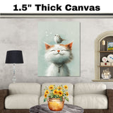 Peaceful White Cat with Bird on Head Serene Animal Art for Nursery Kids Room and Pet Lovers Uplifting Gift for Bird and Cat Enthusiasts on Ready to Hang 1.5" Thick Canvas Wrap, Floating Framed Canvas, Flat Rolled Canvas