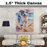 Vibrant Watercolor Painting of Fluffy Dog Running by the Ocean with Splashes and Seagulls in a Colorful Beach Scene on Ready to Hang 1.5" Thick Canvas Wrap, Floating Framed Canvas, Flat Rolled Canvas