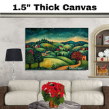 Whimsical Christmas Village on Rolling Hills Under Starry Sky – Folk Art Landscape Painting on Ready to Hang 1.5" Thick Canvas Wrap, Floating Framed Canvas, Flat Rolled Canvas