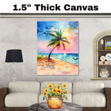Watercolor Painting of a Multicolored Palm Tree on a Tropical Beach with Ocean Waves and Vibrant Sunset Sky on Ready to Hang 1.5" Thick Canvas Wrap, Floating Framed Canvas, Flat Rolled Canvas