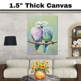 Colorful Lovebirds Sharing a Tender Moment on a Branch with Soft Pastel Background on Ready to Hang 1.5" Thick Canvas Wrap, Floating Framed Canvas, Flat Rolled Canvas
